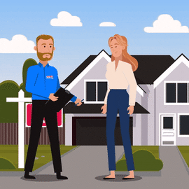 Imagen animada de dos personas hablando frente a una casa
