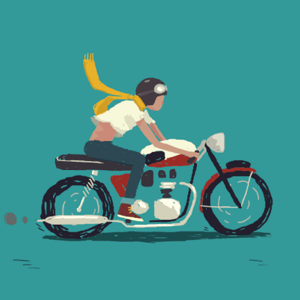 Dibujo animado de señor manejando en moto